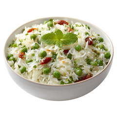 Delicious white rice in bowl with parsley garnish isolated on transparent background