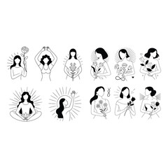 Women in yoga poses and floral arrangements.