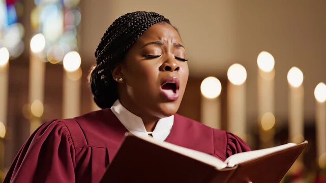 A Black woman singing with passion in a church choir. Close-up of a gospel singer during a worship service. Faith and spiritual devotion