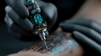 Robotic tattoo machine with artificial intelligence interface, sleek metallic design, glowing control panel