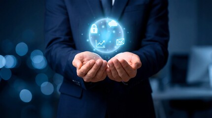 Businessman holding glowing digital sphere with security and data icons