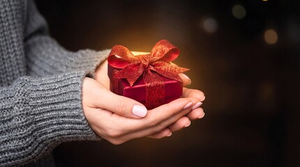 Woman gently holding a small glowing red gift box with sparkling ribbon