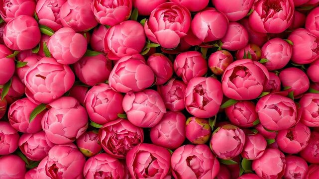 Petal Paradise: An eye-level shot captures a lush, eye-level of a cluster of vibrant pink peony blooms. showcasing nature's delicate beauty in a mesmerizing display.