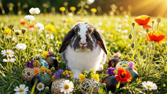 Cute Easter bunny in a sunny spring meadow with colorful decorated eggs. Fluffy lop-eared rabbit sitting among wildflowers. Holiday celebration concept