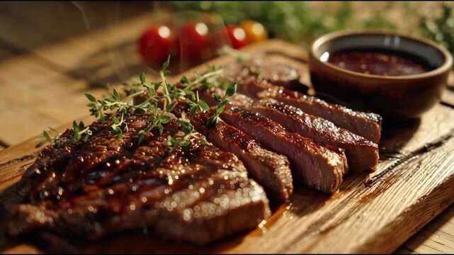 Grilled medium rare steak presentation on wooden board