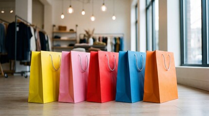 Row of colorful shopping bags standing on wooden floor inside boutique