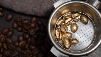 Golden Coffee Beans in Portafilter Representing Luxury and Rising Prices