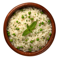 Delicious white rice in bowl with parsley garnish isolated on transparent background