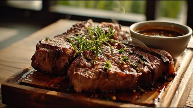 Hot sizzling steak on wooden board with sauce and rosemary