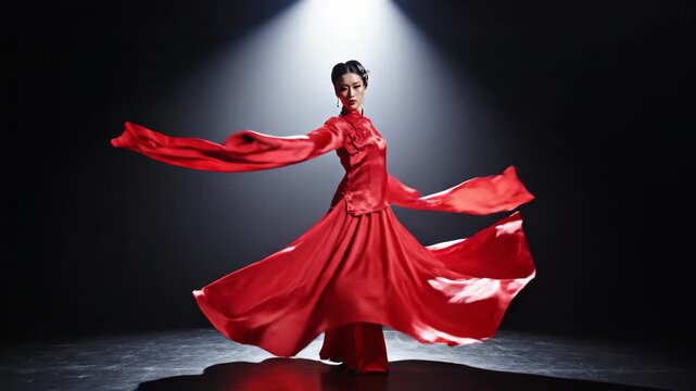 Traditional Chinese dancer spinning in a red dress with long sleeves. Asian woman performing a classical dance in slow motion under a spotlight. Cultural performance concept