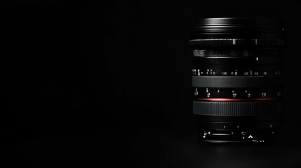 Obraz premium Close-up of Professional Camera Lens with Focus and Aperture Rings on Dark Background