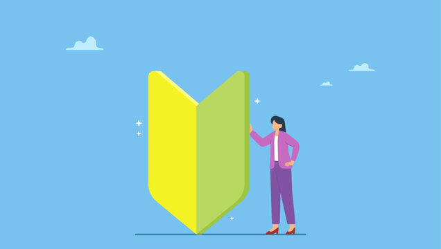 Young businesswoman female pose with big beginner mark. Beginner, newbie or new hire employee, start new career or job, newcomer or new graduate.