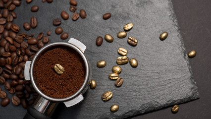 Espresso portafilter filled with ground coffee featuring a single golden coffee bean, surrounded by...