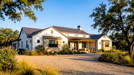 Luxurious modern farmhouse exterior showcases white stucco and stone accents