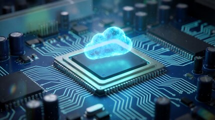 Holographic blue cloud icon hovers above a central computer processor chip