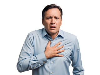 Middle aged man experiencing severe chest pain and discomfort while looking distressed with a worried facial expression on a plain black background requiring immediate medical attention.