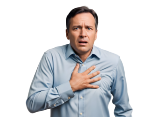 Middle aged man experiencing severe chest pain and discomfort while looking distressed with a worried facial expression on a plain black background requiring immediate medical attention.