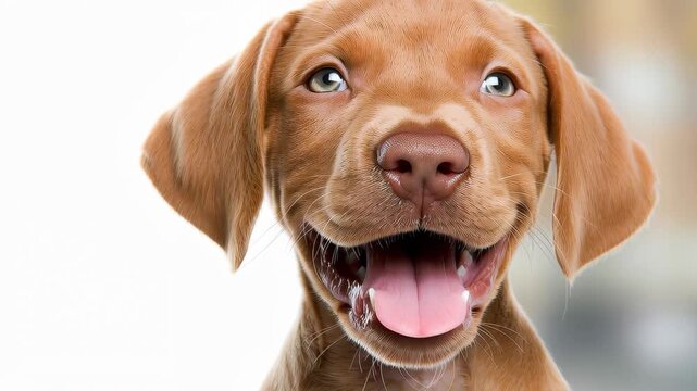 Joyful Pup Portrait: A close-up of a charming puppy with an exuberant grin, radiating pure happiness and playful energy, set against a soft, unfocused background.