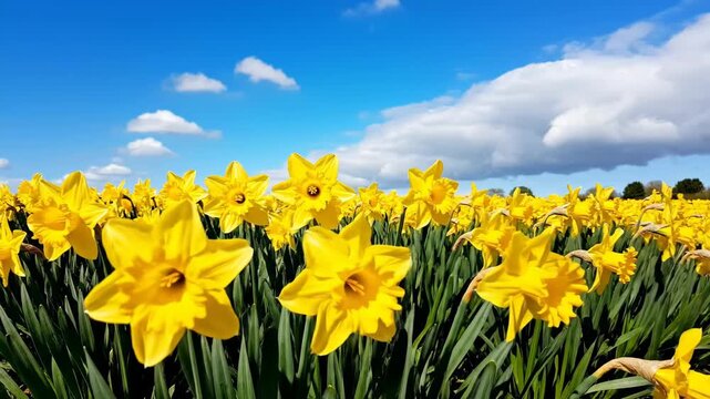 A field of yellow daffodils swaying in the wind. Bright spring flowers blooming under a blue sky with clouds. Easter and springtime nature background