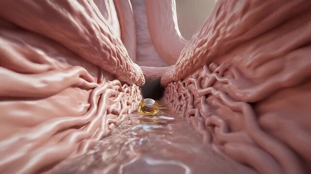 Detailed anatomical representation of human digestive tract with visible mucous membranes and intestinal villi.