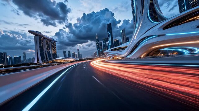 Futuristic city skyline with blue and orange neon lights and traffic trails