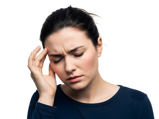 A stressed young woman in a dark blue top experiences a severe headache, pressing her hand firmly against her temple with a deeply pained expression and furrowed brow, suffering from intense