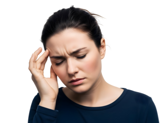 A stressed young woman in a dark blue top experiences a severe headache, pressing her hand firmly against her temple with a deeply pained expression and furrowed brow, suffering from intense