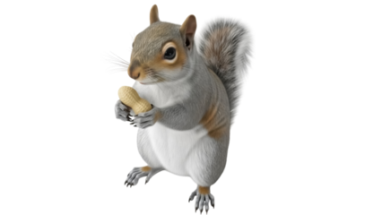 Adorable gray squirrel holding a peanut isolated PNG on transparent background, cute animal with fluffy tail for design projects
