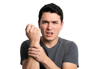 Young adult male suffering from acute wrist pain holds his injured left arm with his right hand, displaying a grimace of extreme discomfort and agony, eyes narrowed, against a plain black