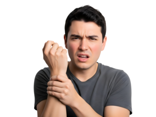 Young adult male suffering from acute wrist pain holds his injured left arm with his right hand, displaying a grimace of extreme discomfort and agony, eyes narrowed, against a plain black