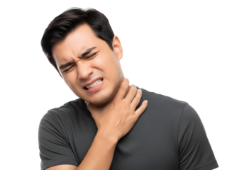 Young adult man suffering from severe sore throat and agonizing neck pain grimacing intensely while clutching his throat with a pained expression and closed eyes in a studio setting, indicating