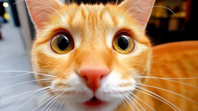 Curious Gaze: A close-up view captures an orange cat, its wide, curious eyes and expressive features, conveying an endearing and inquisitive demeanor.