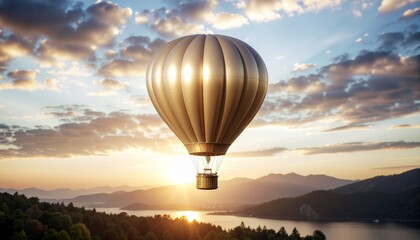 Majestic Golden Hot Air Balloon Journeying Above Serene Mountains During Golden Hour