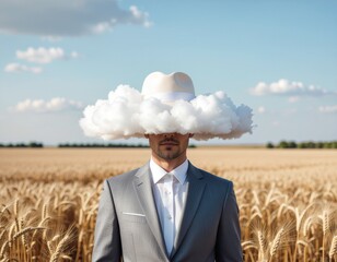Man in Suit with Cloud for a Head in Wheat Field