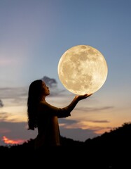 Young woman holding a luminous full moon against a breathtaking twilight sky backdrop