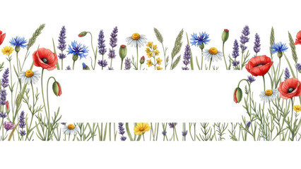Floral summer horizontal pattern with wildflowers. Watercolor hand drawn isolated illustration border, meadow or floral background for your design.
