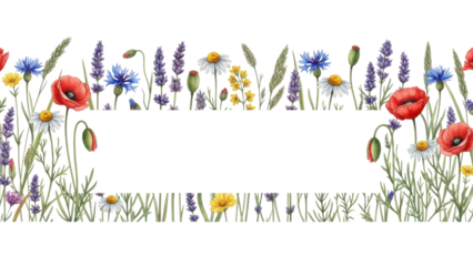 Floral summer horizontal pattern with wildflowers. Watercolor hand drawn isolated illustration border, meadow or floral background for your design.