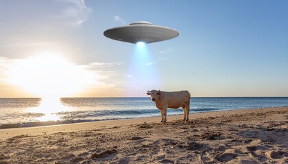 Alien UFO Abducts Cow on Beach at Sunset
