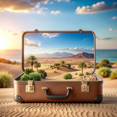 Dreamlike Desert Escape A Vibrant Landscape Revealed Inside an Open Suitcase on a Sunny Beach