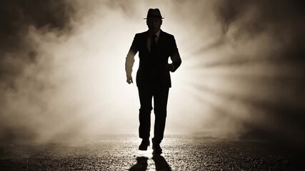 A man in a suit walking towards a bright light on a foggy road