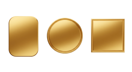 Golden metal badges, isolated on transparent background