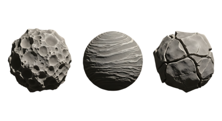 Gray stone asteroid spheres with different textures, isolated on transparent background