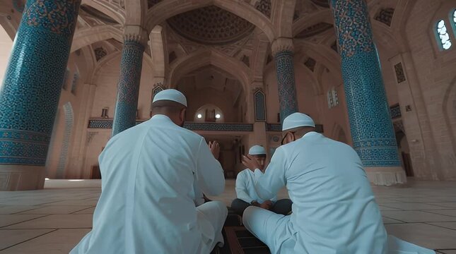 Men in white robes sit in prayer inside a large mosque with blue pillars