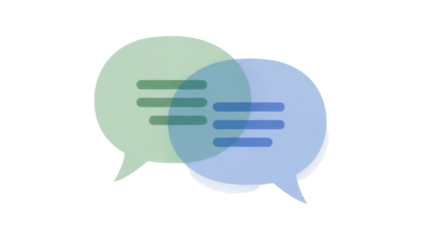 Two overlapping speech bubbles PNG isolated on transparent background, communication concept with green and blue chat icons for messaging apps