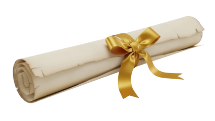 Aged paper scroll with golden ribbon isolated PNG, vintage diploma or certificate on transparent background for design elements