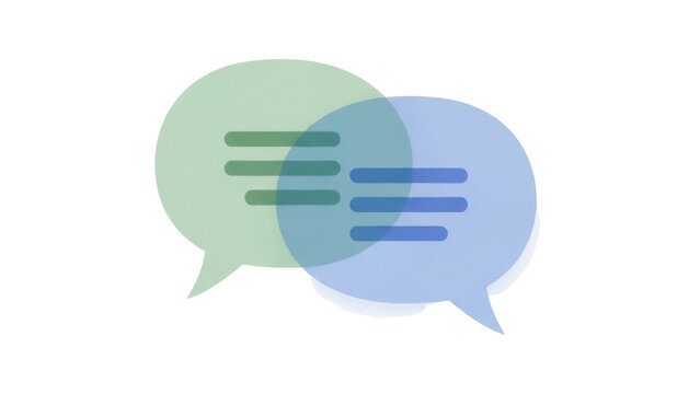 Two overlapping speech bubbles PNG isolated on transparent background, communication concept with green and blue chat icons for messaging apps