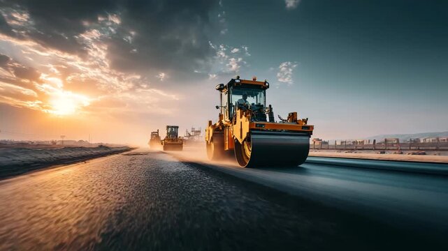 Heavy machinery working on road construction site at sunset with steamrollers