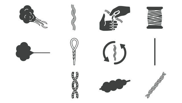 A collection of black and white icons depicting various types of threads and knots