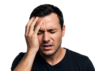 Severe painful headache concept depicted by a frustrated young adult man with dark hair, intensely furrowing his brow and tightly closing his eyes, pressing his hand firmly against his temple