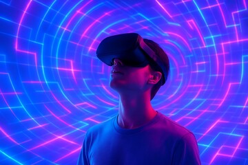 Young man experiencing immersive virtual reality world wearing headset inside neon blue and pink tunnel representing digital metaverse holographic space and futuristic gaming environment